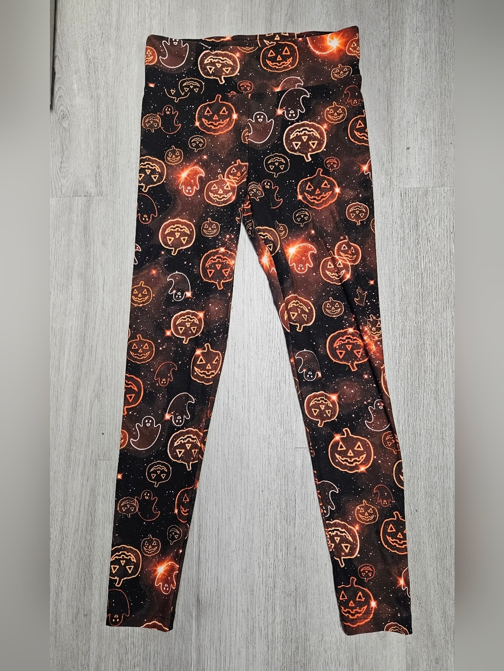 Womens Halloween Pumpkin & Ghost Print Leggings - Black & Orange Halloween Pants